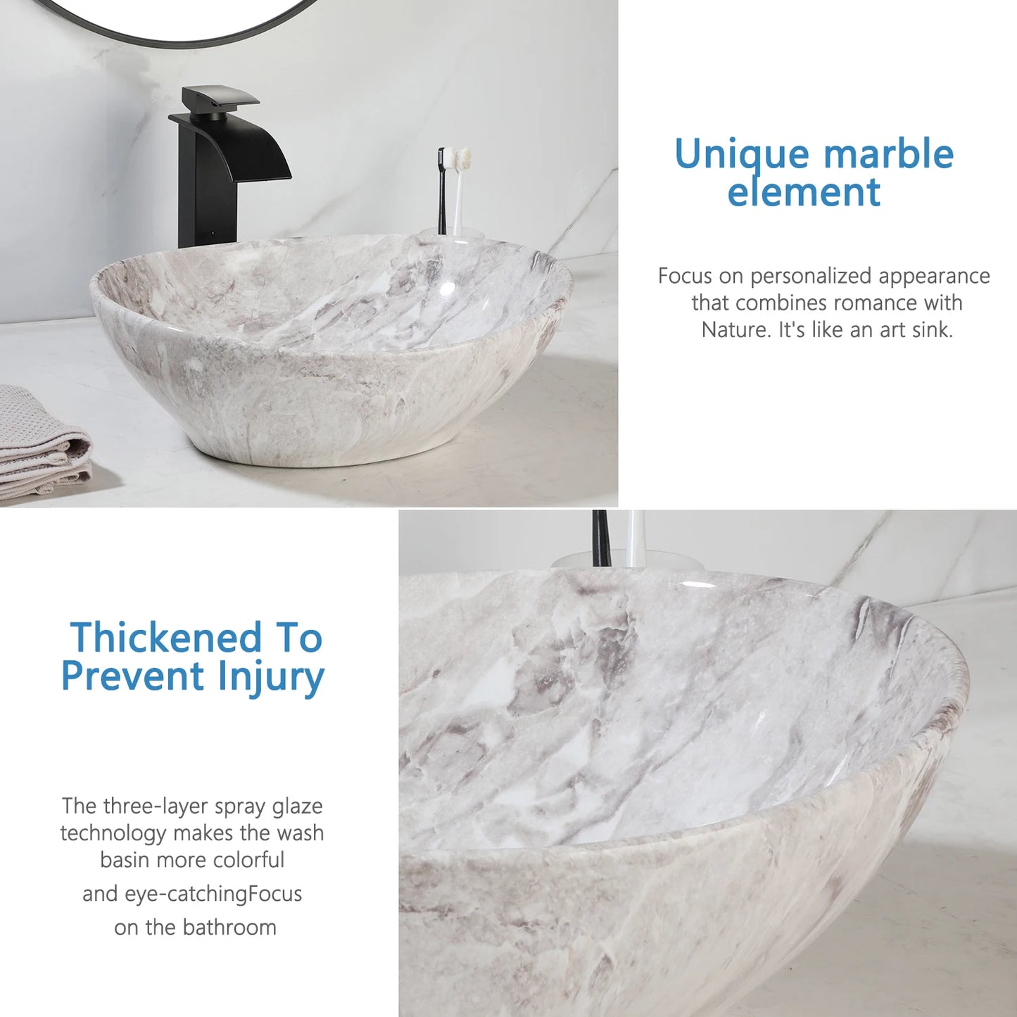 ZAPPO Marbling Rectangle Vessel Sink With Faucet Drain