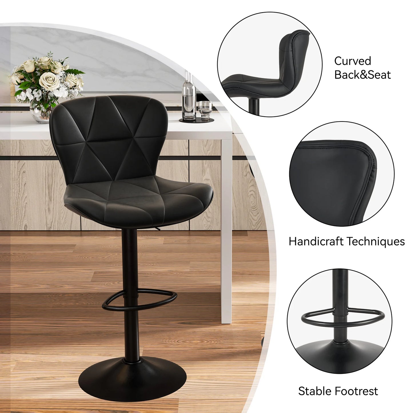 2 Pcs Bar Chair 360 Degree Rotation Faux Leather Backrest