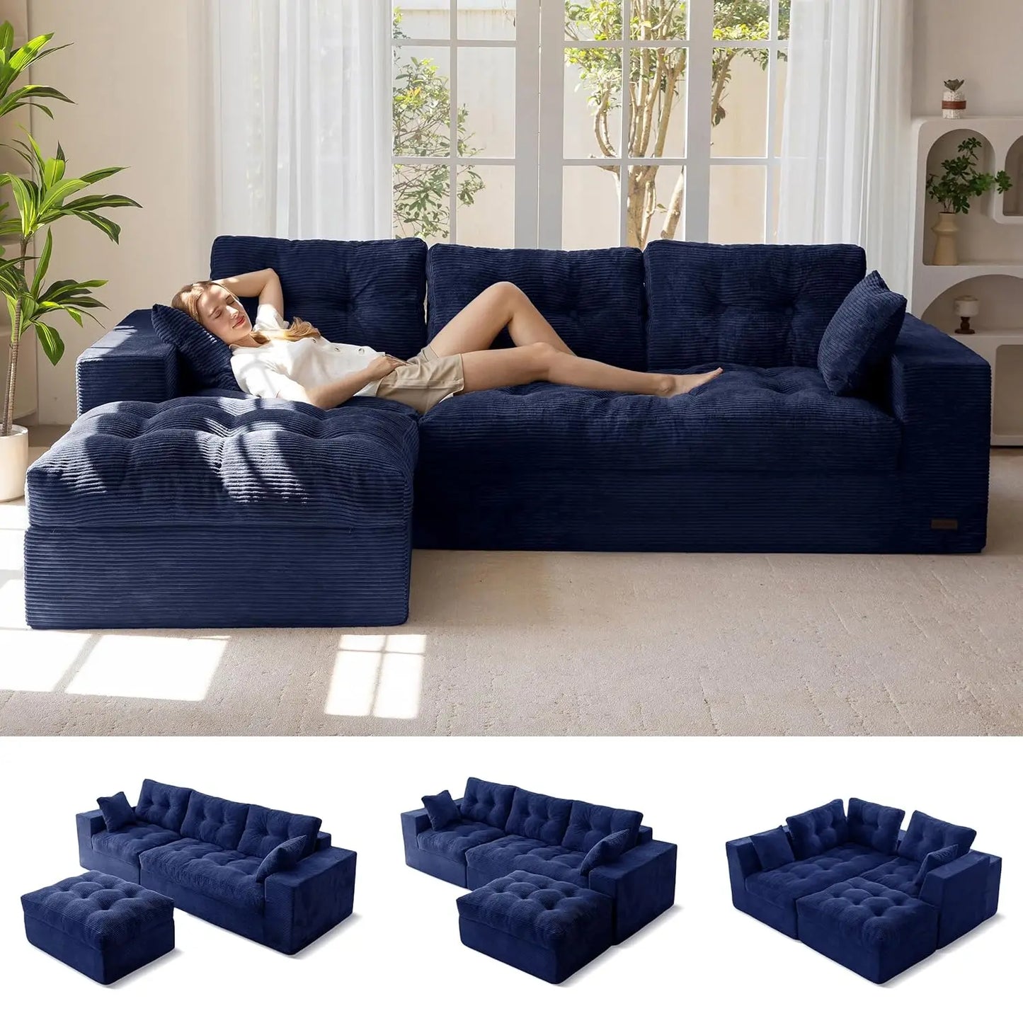 104 Inch L Shaped Modular Sectional Sofa With Ottoman Layered Cushions