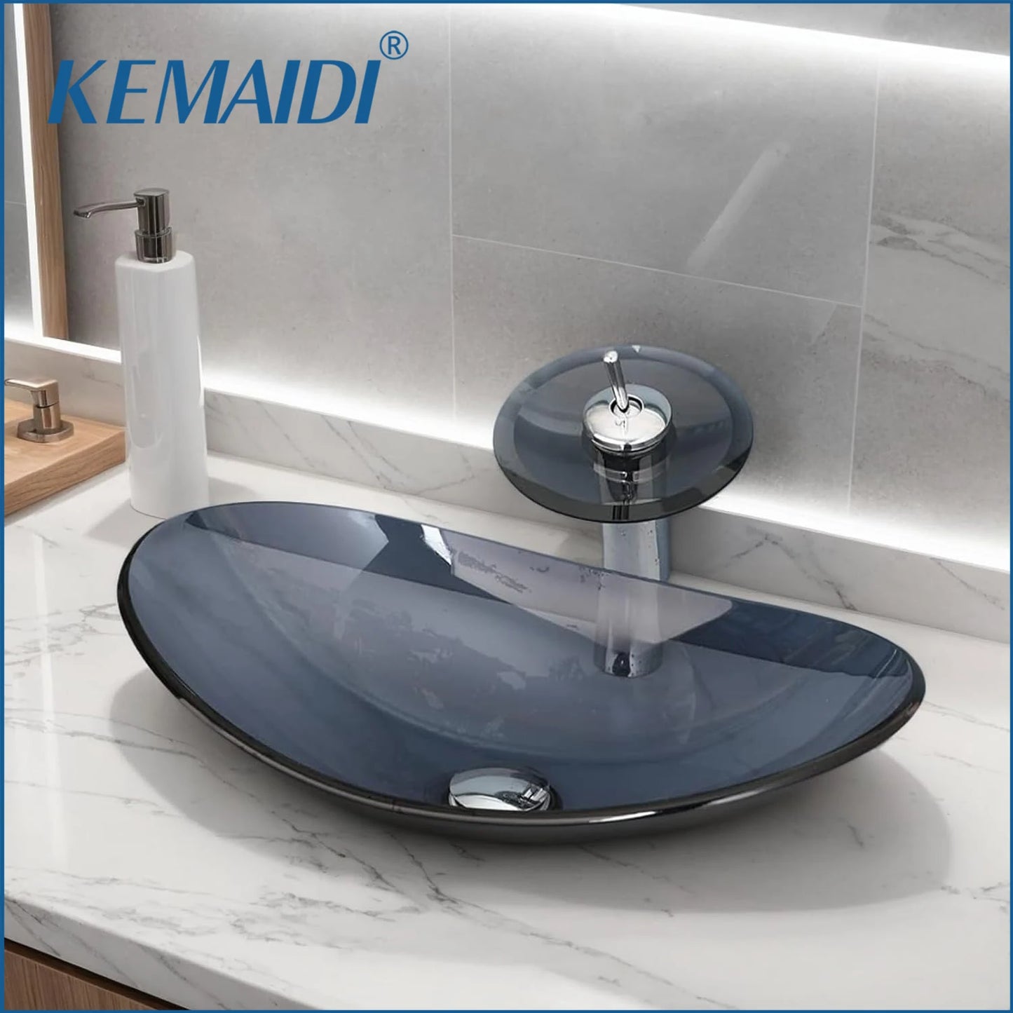 KEMAIDI Glass Vessel Sink AboveCounter Waterfall Faucet