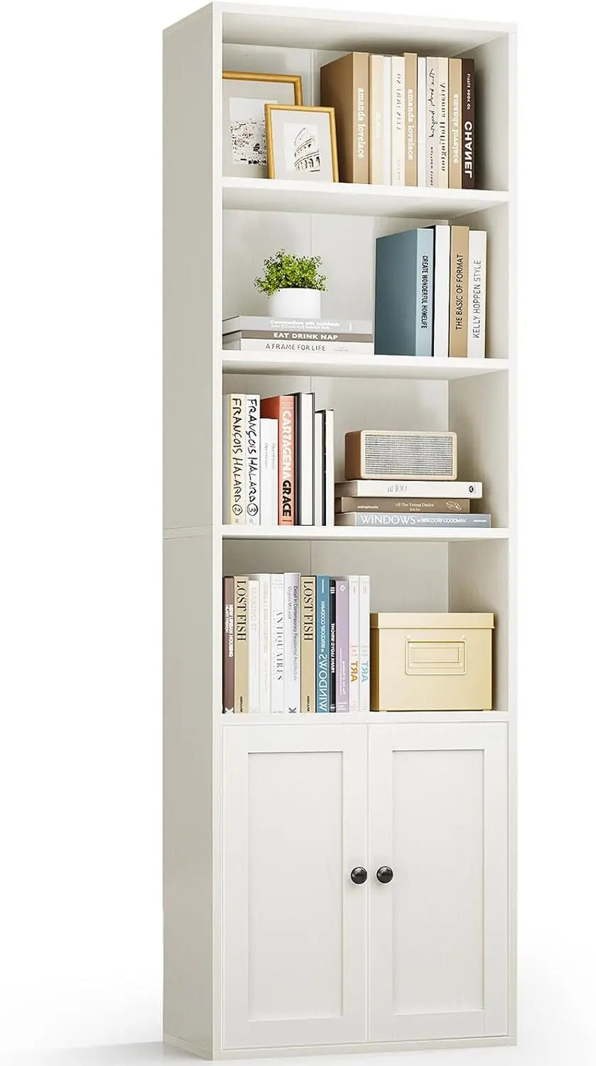 Casaottima Black 6 Tier Bookcase With Doors Floor Standing Home Office