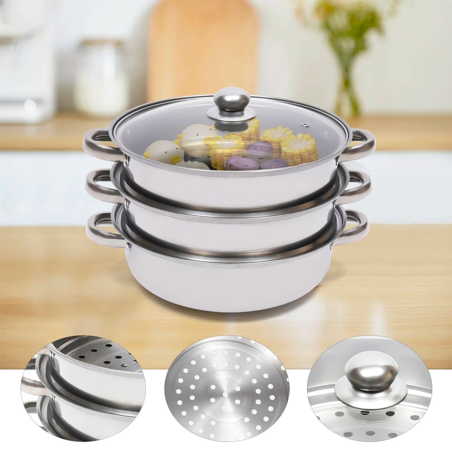 11 Inch 3 Tier Large Stainless Steel Steamer Pot Set with Glass Lid