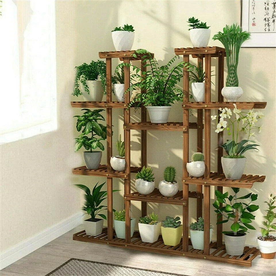 UNHO 46 Inch Multi Tier Wood Plant Stand 9 Tier 16 Pot Flower Rack Indoor Outdoor for Patio Garden