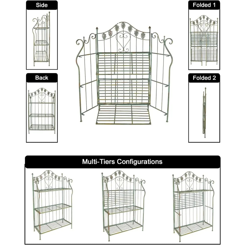 Zuiyu Pre-Assembled Folding Metal Shelf Plant Stand Shelving Unit Bookcase Outdoor Bakers Rack Scrolling Heart Peacock Tail Motif