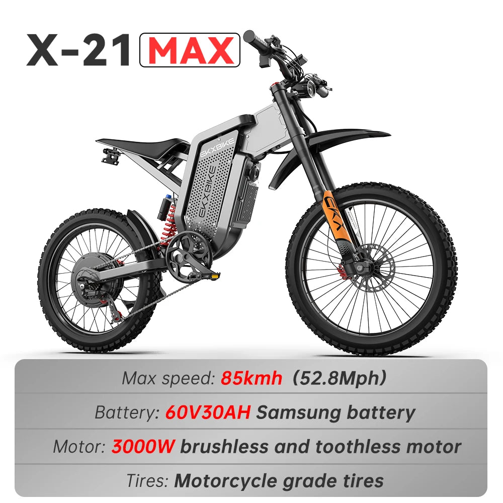EKX X21 Max Electric Motorcycle 3000W Brushless Gearless Motor 60V 30AH Lithium Battery 85Kmh Adult Off Road Ebike