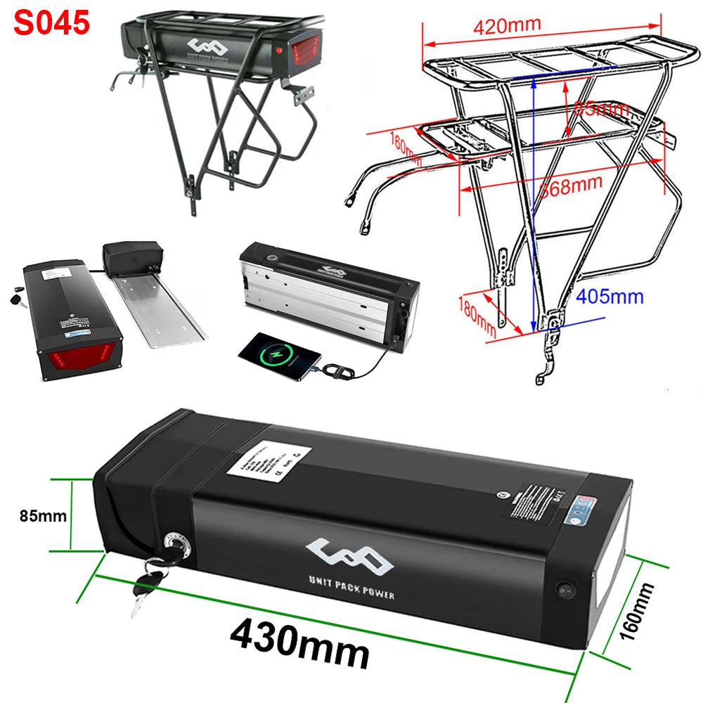 Rear Rack EBike Battery 52V 48V 27Ah 24 28 Inch Optional