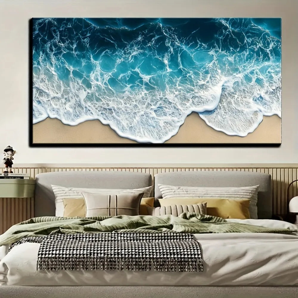Blue Wave Texture Print Painting Modern Art Oil Painting Interior Decoration 1.5 Inch Thick Pine Solid Wood Frame