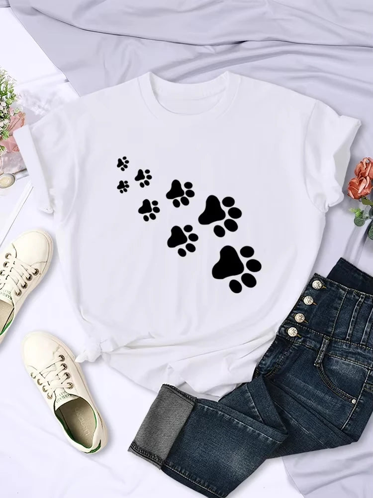 White Cat Paw Print T Shirt Women Summer Casual Breathable Round Neck Top