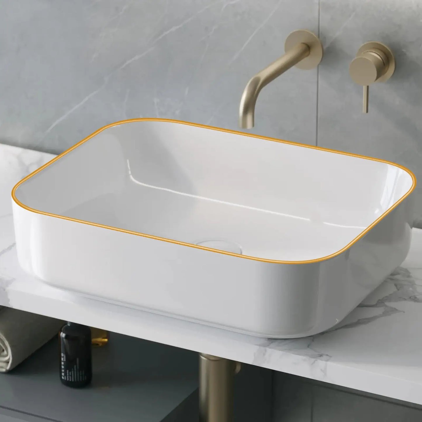 Ceramic Rectangular Sink 20x16 White Gold Rim Vessel