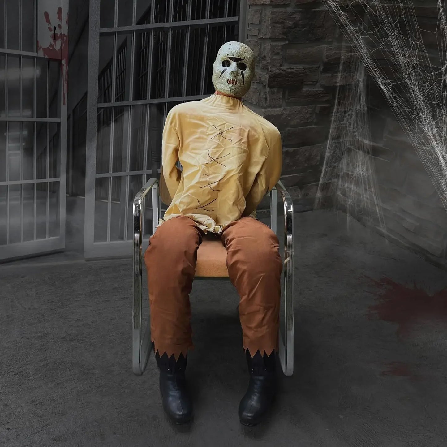 Motion Activated Thrashing Prisoner by Tekky Life Size Sitting Halloween Animatronic for Indoor or Outdoor Use