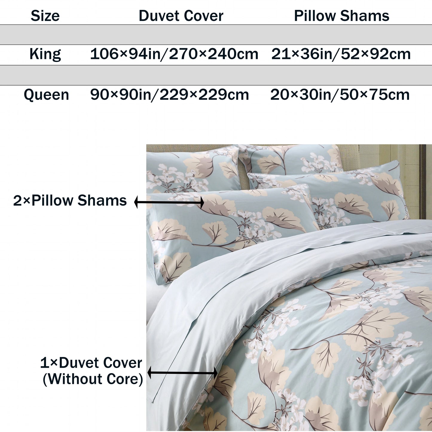 3Pc 600TC Egyptian Cotton Duvet Cover Set Blue Floral Leaves