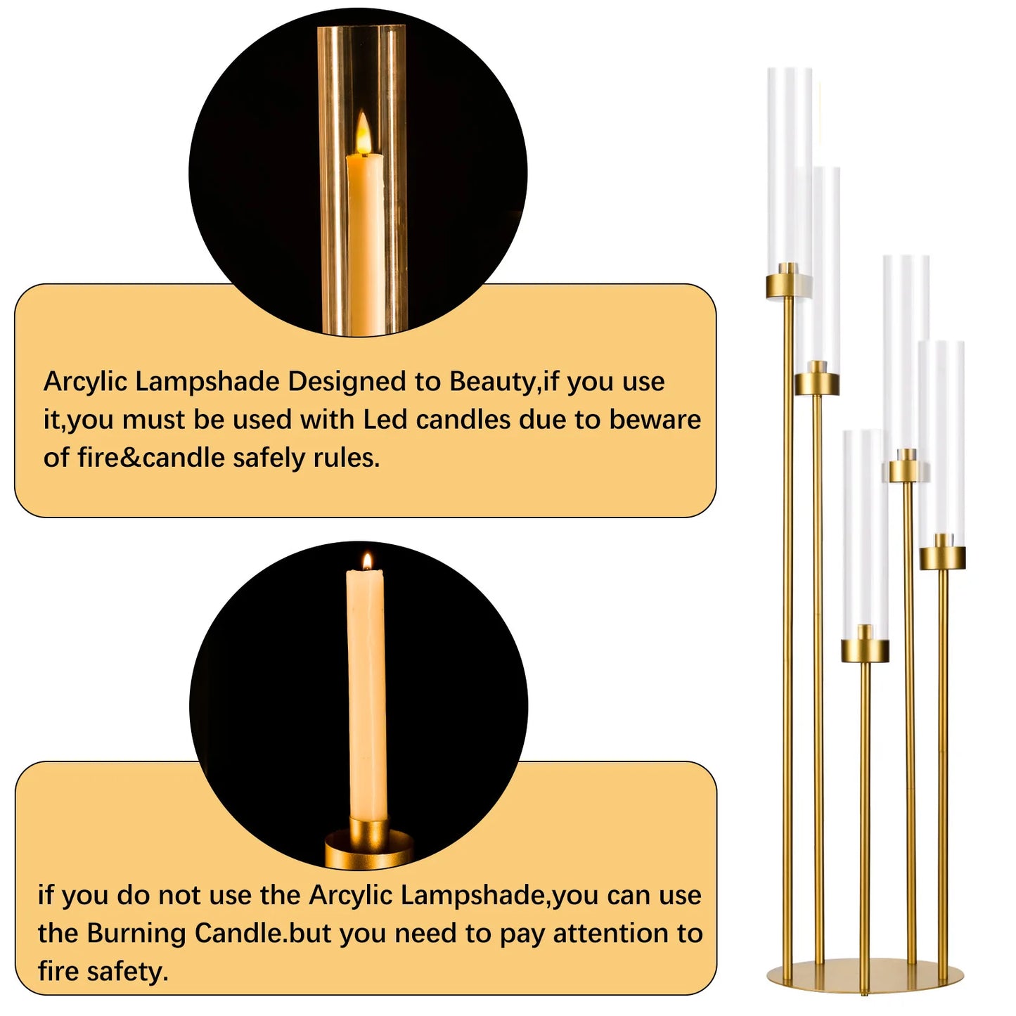 Gold Floor Candelabra 5 Arm Candle Holder Acrylic Shade