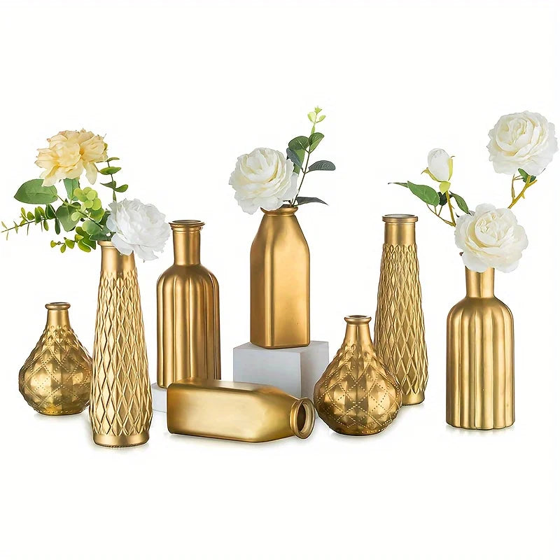 Cylindrical Gold Glass Vase Gilded Finish Antique Art Style Home Decoration Table Centerpiece Halloween Christmas Decoration