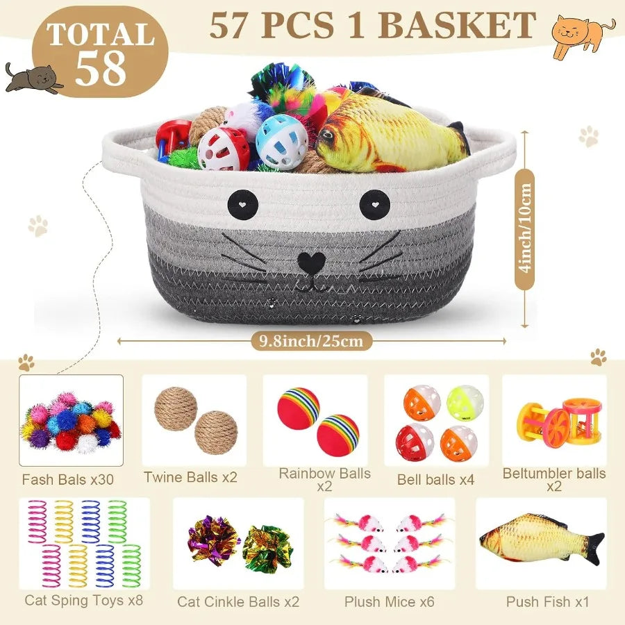 58 Pcs Cat Toys Set Colorful Flashing Balls Crinkle Bells