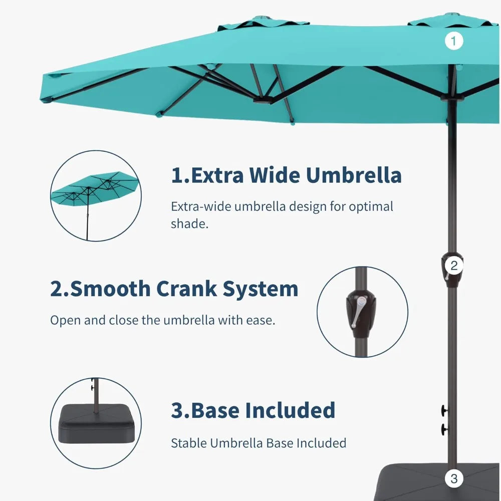 15Ft Double Sided Patio Umbrella With Base Included Large Outdoor Market Umbrella With Crank Handle UV Resistant Canopy Sturdy Alloy Steel Rectangular Aqua Blue