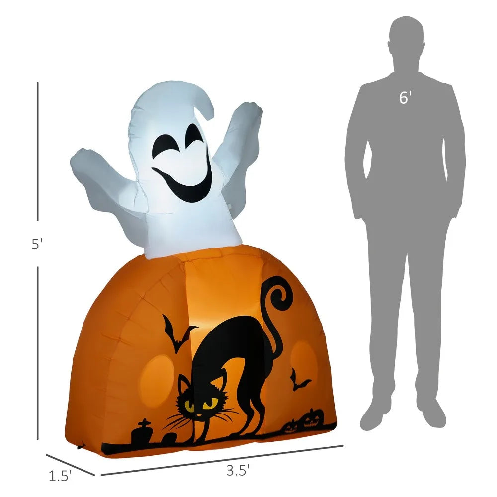 5Ft Halloween Inflatable Ghost With Pumpkin Base LED Lights