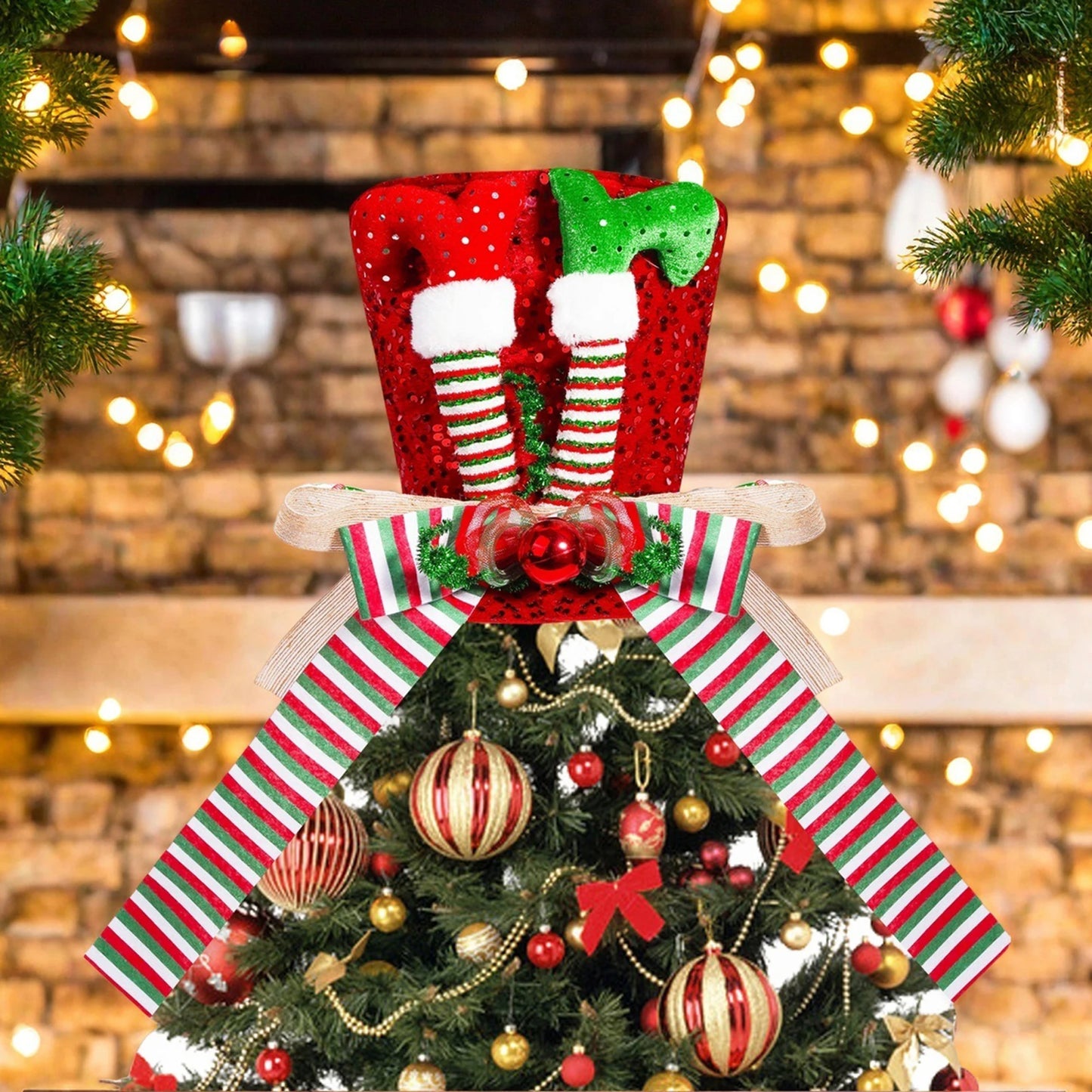 Santa Hat Tree Topper With Glittery Reindeer Antlers Bells