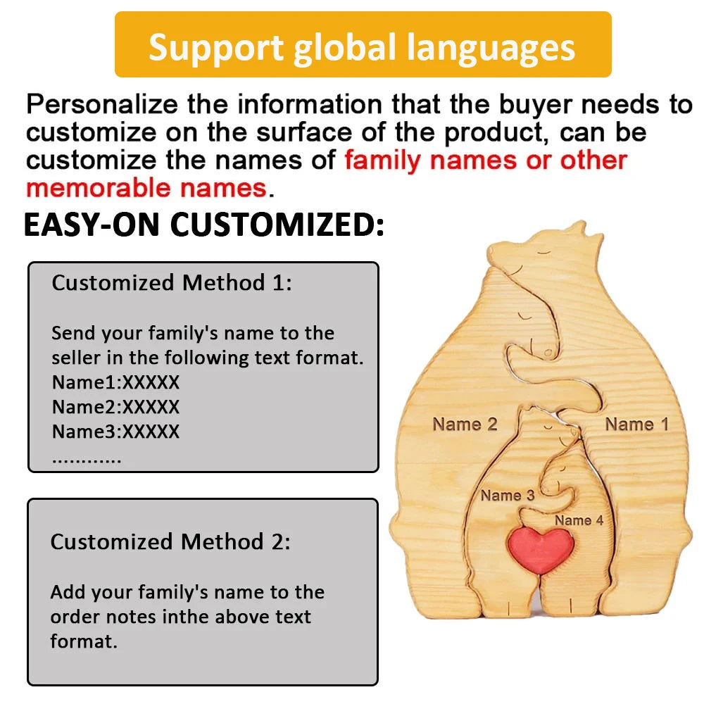 Personalized Custom Bear Family Wooden Puzzle DIY Free Engraving Name Sculpture Home Desk Decor Figurines Christmas Birthday Gift