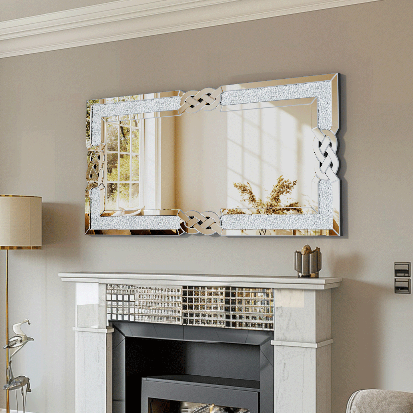 90 100 120CM Large Crystal Crush Diamond Mirror Vanity Silver Decorative Wall Hang Mirror for Bedroom Hallway Living Room