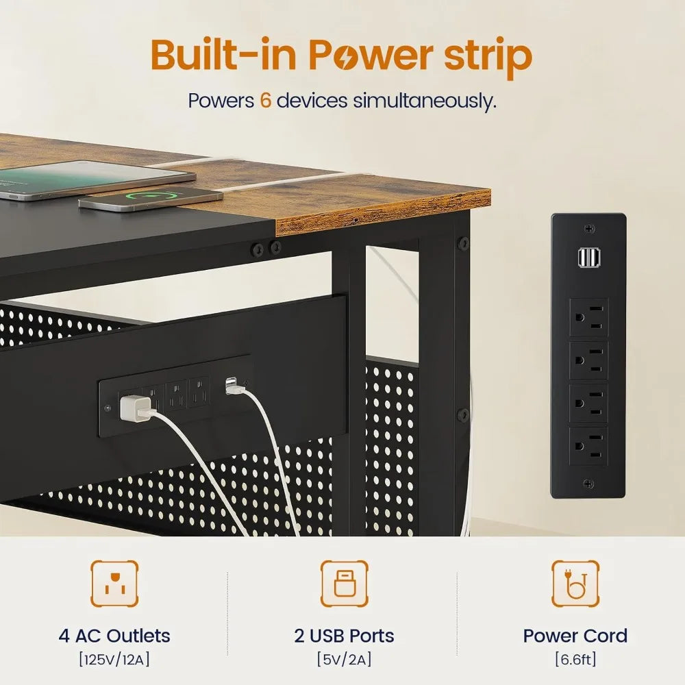 71 Inch Executive Desk With Power Outlets L Shaped Storage