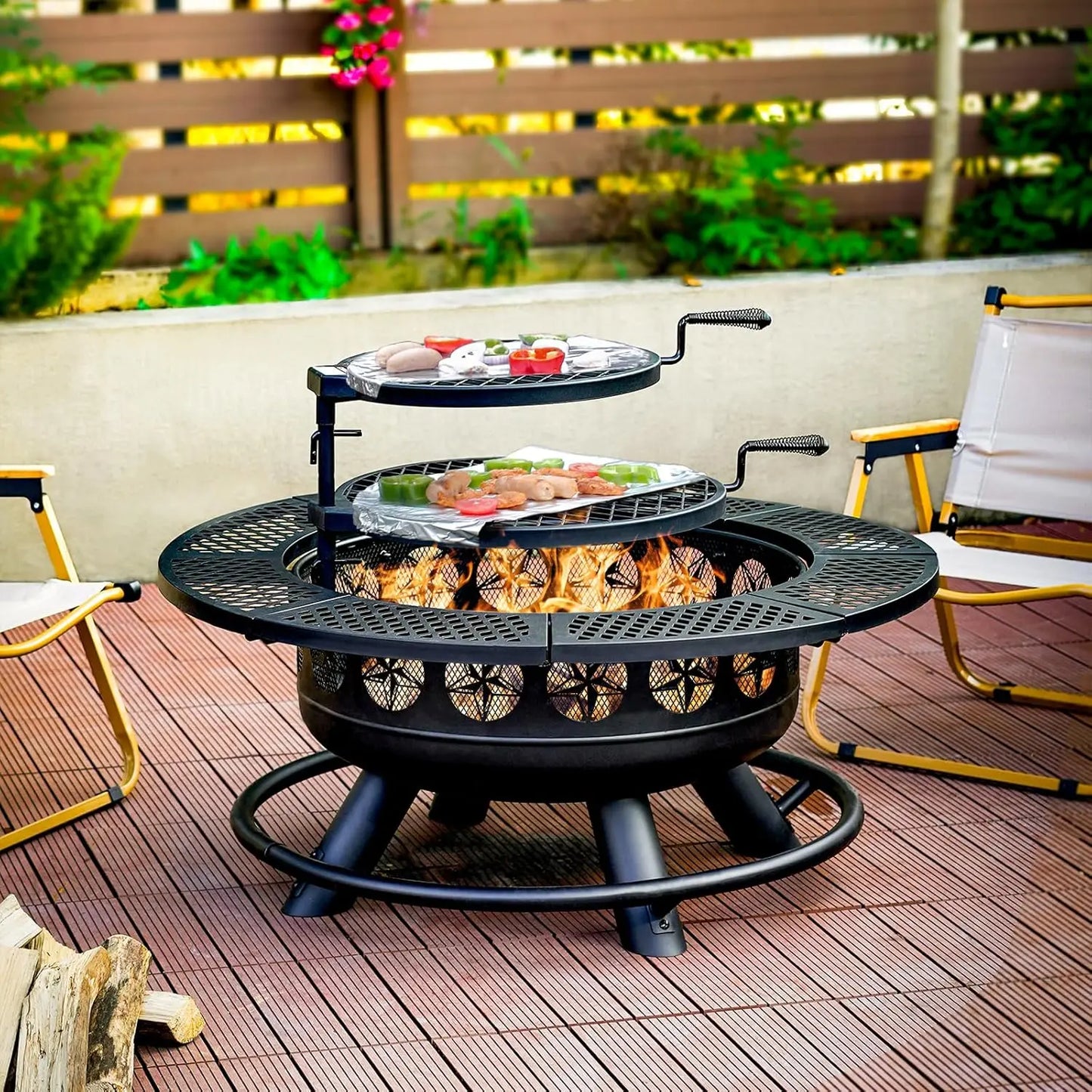 36 Inch Fire Pit With 2 Grills Outdoor Wood Burning BBQ