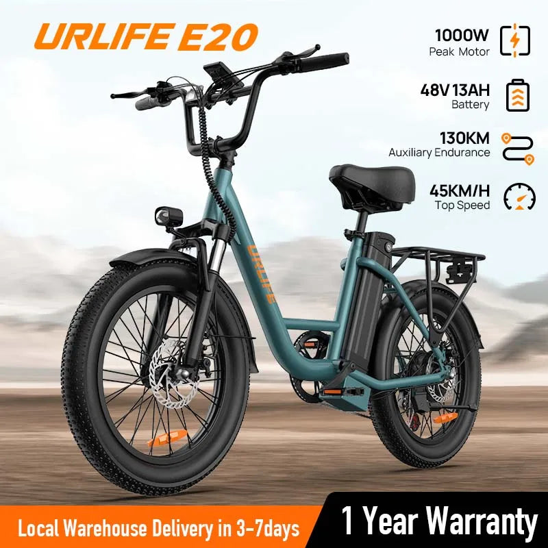 Urlife 1000W E20 Electric Bike 48V 13Ah Removable Battery Fat Tire 20x3 Brakes
