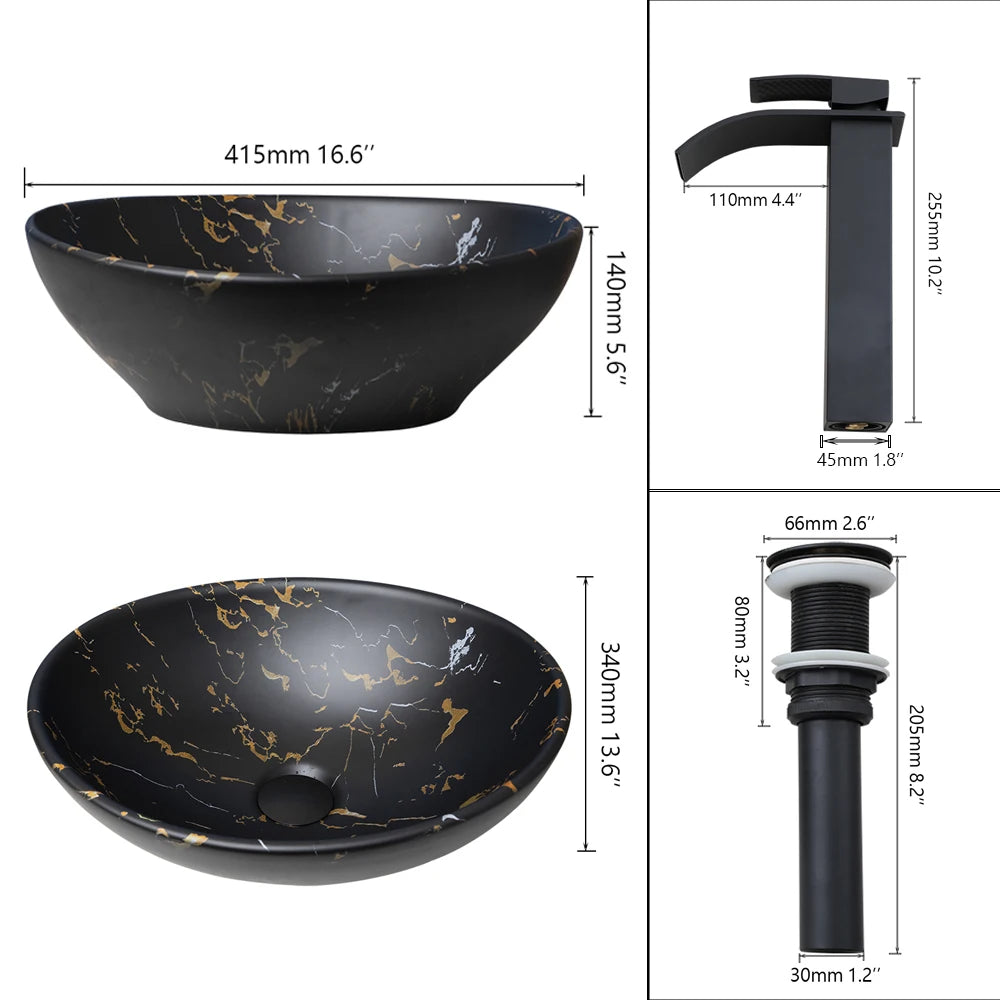 ZAPPO Marbling Rectangle Vessel Sink With Faucet Drain