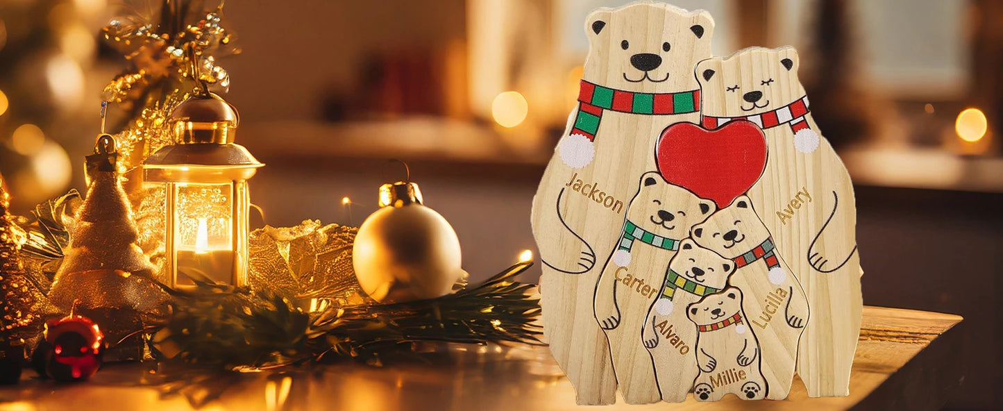 Personalized Custom Bear Family Wooden Puzzle DIY Free Engraving Name Sculpture Home Desk Decor Figurines Christmas Birthday Gift