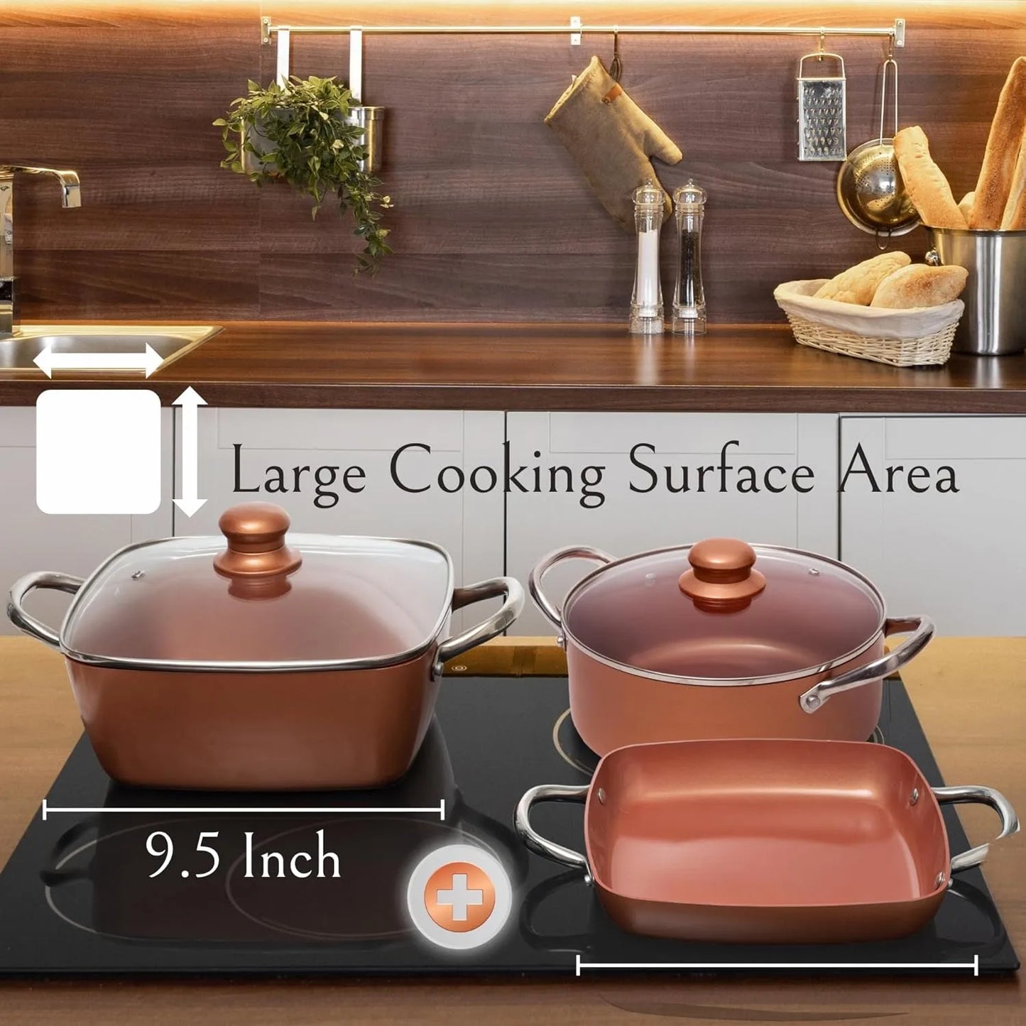 7 Piece Copper Pots and Pans Set Non Stick Copper Chef Cookware Square Pans Round Pot and Fry Basket