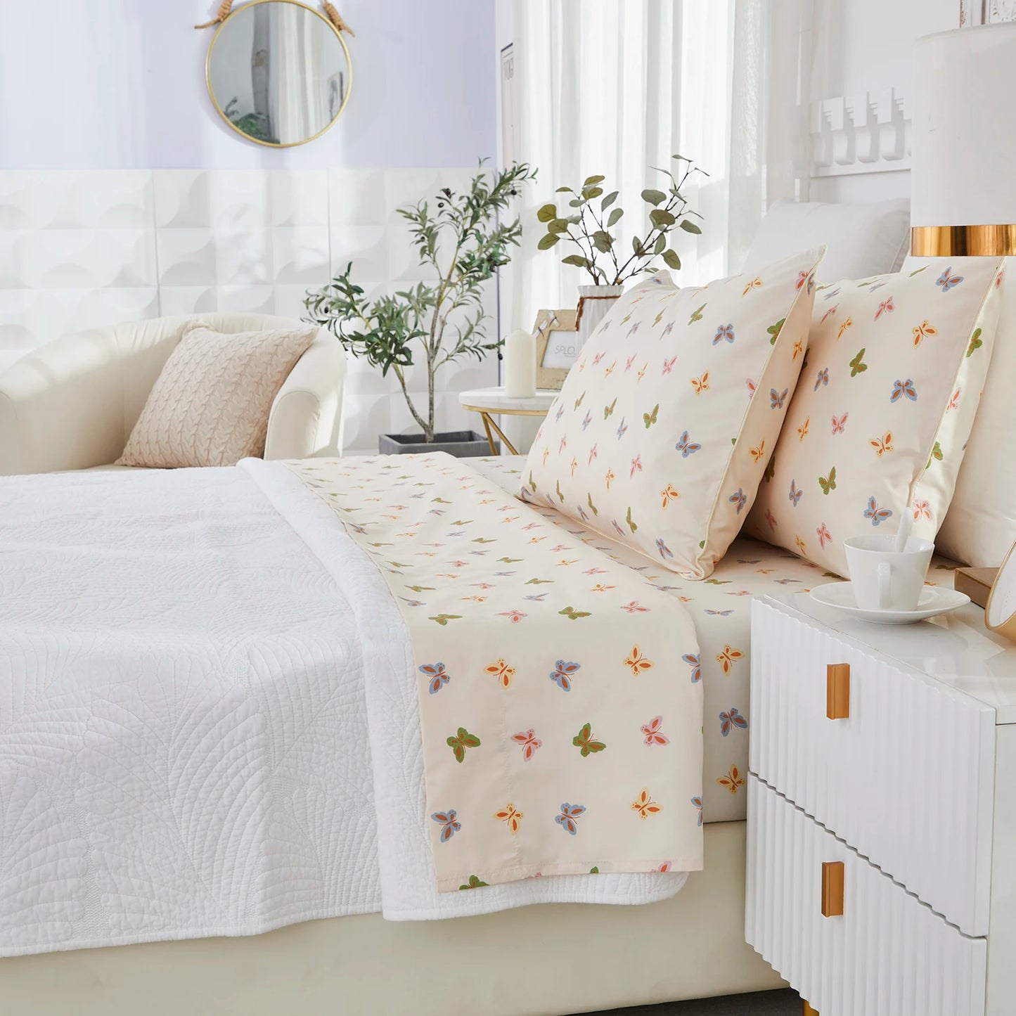 4 Piece 600 TC 100 Percent Egyptian Cotton Fitted Sheet Set Colorful Butterfly Shabby Chic Soft and Skin Friendly