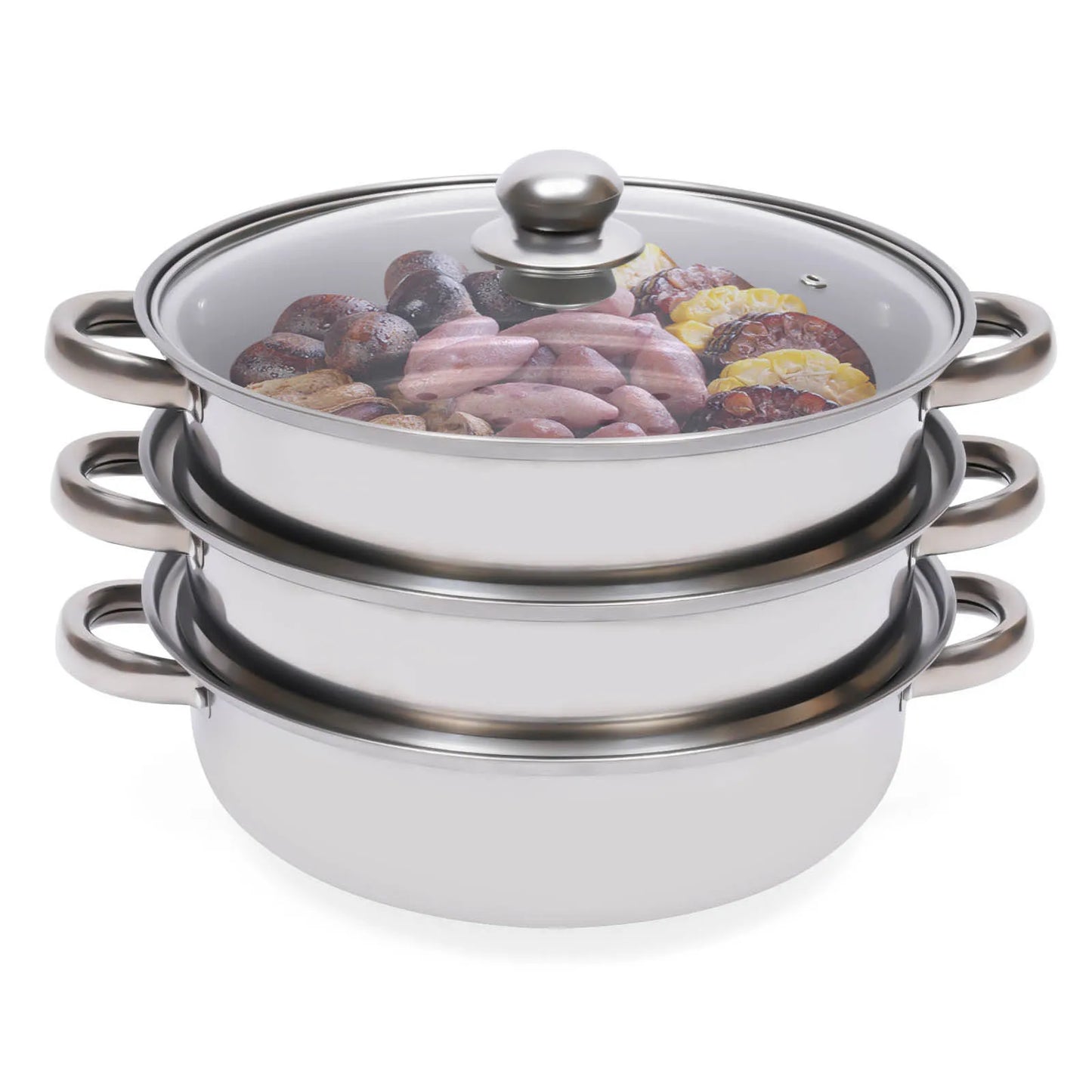 11 Inch 3 Tier Large Stainless Steel Steamer Pot Set with Glass Lid