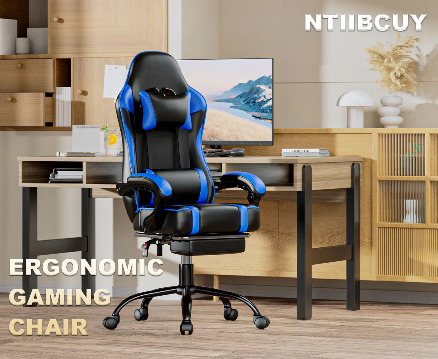 Gaming Chair With Footrest PU Leather Reclining Chair