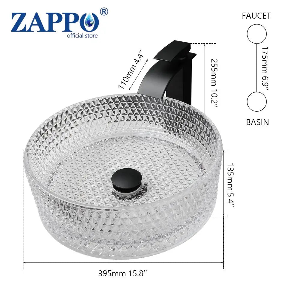 ZAPPO Black Glass Vessel Sink With Deck Mount Faucet