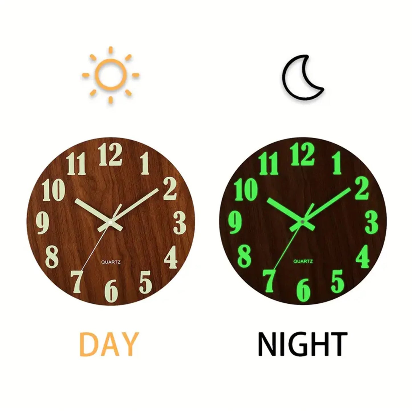 12 Inch Wooden Simple Luminous Wall Clock Silent Non Ticking Analog Clock for Living Room Bedroom and Office Decor