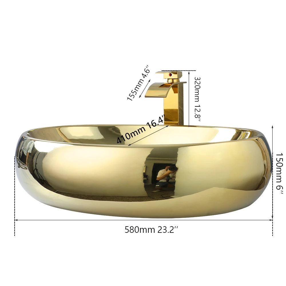 KEMAIDI 23In Oval Ceramic Vessel Sink Gold Waterfall Faucet
