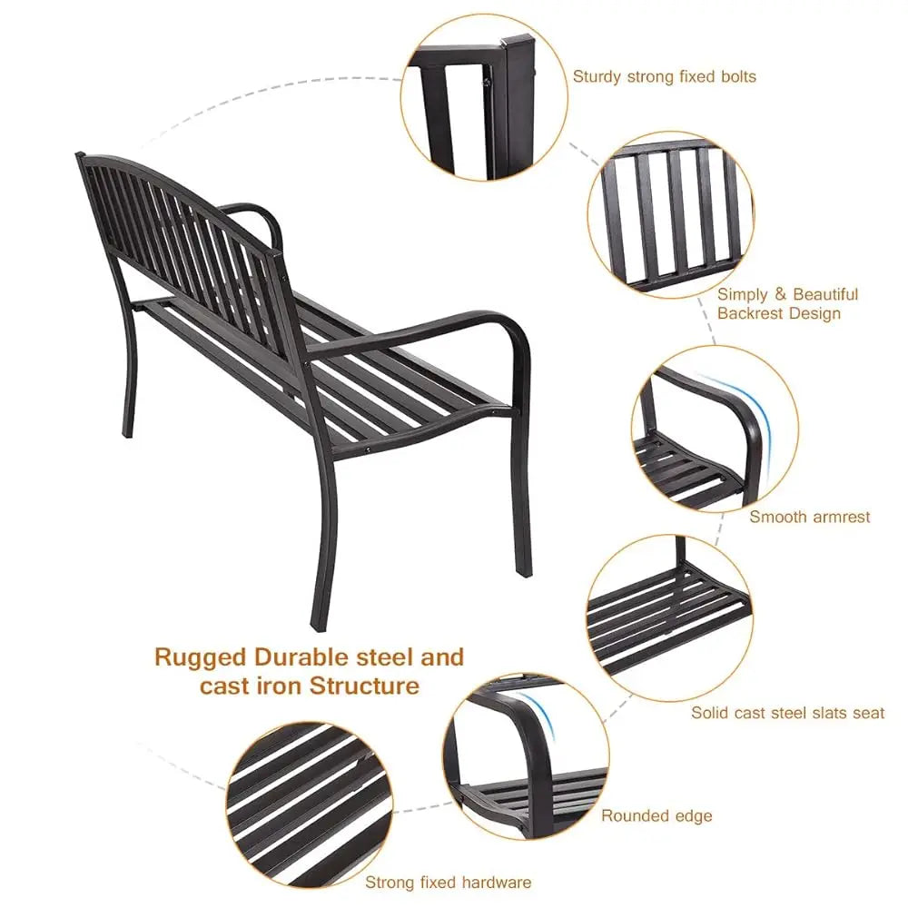 50 Inch Outdoor Steel Garden Bench With High Back And Rustproof Armrests Patio Park Bench For Lawn Yard Porch Deck Poolside
