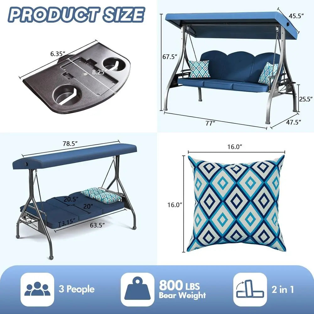 3 Seat Outdoor Swing With Stand 800lbs Capacity Convertible Swing Bed Blue