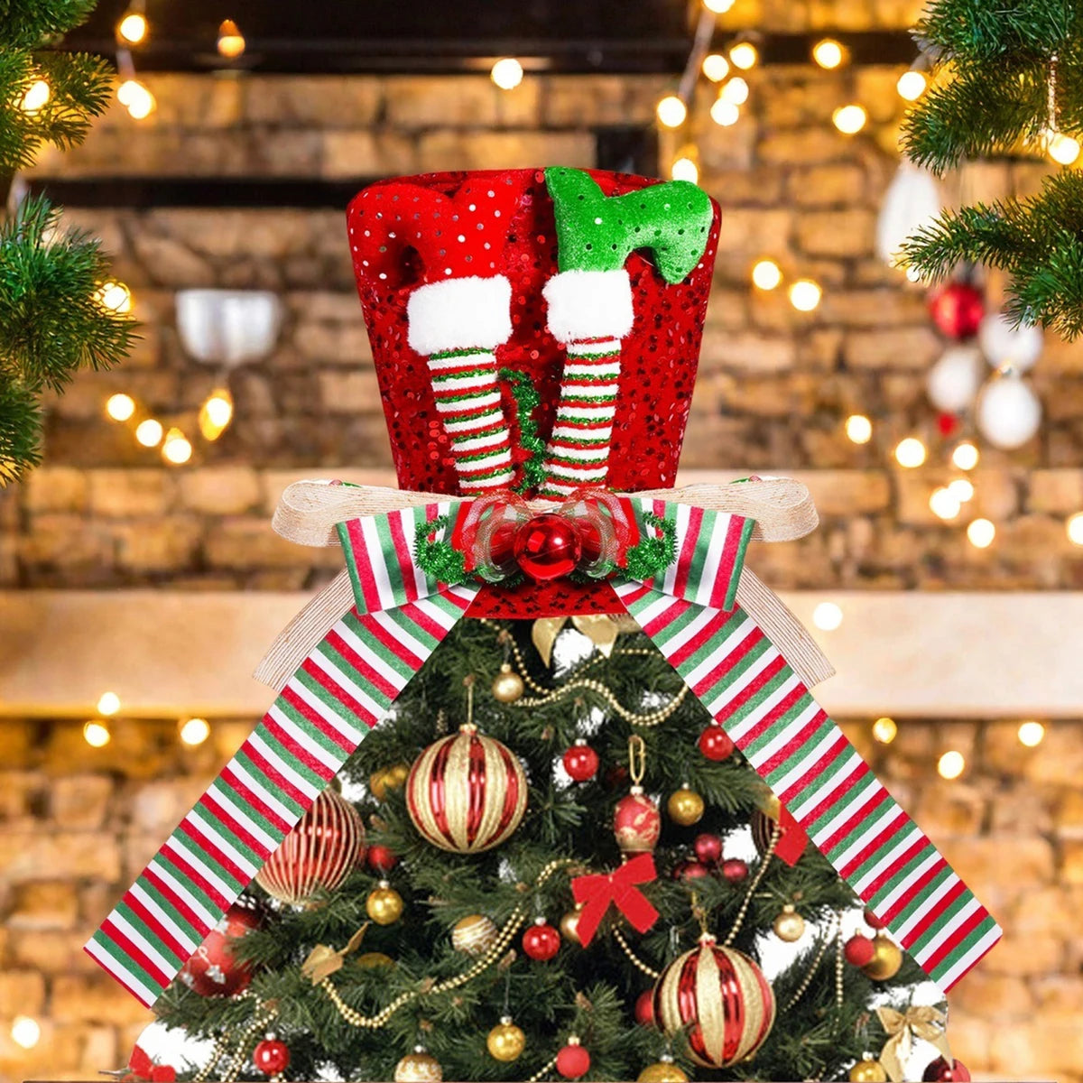 Santa Hat Tree Topper With Glittery Reindeer Antlers Bells