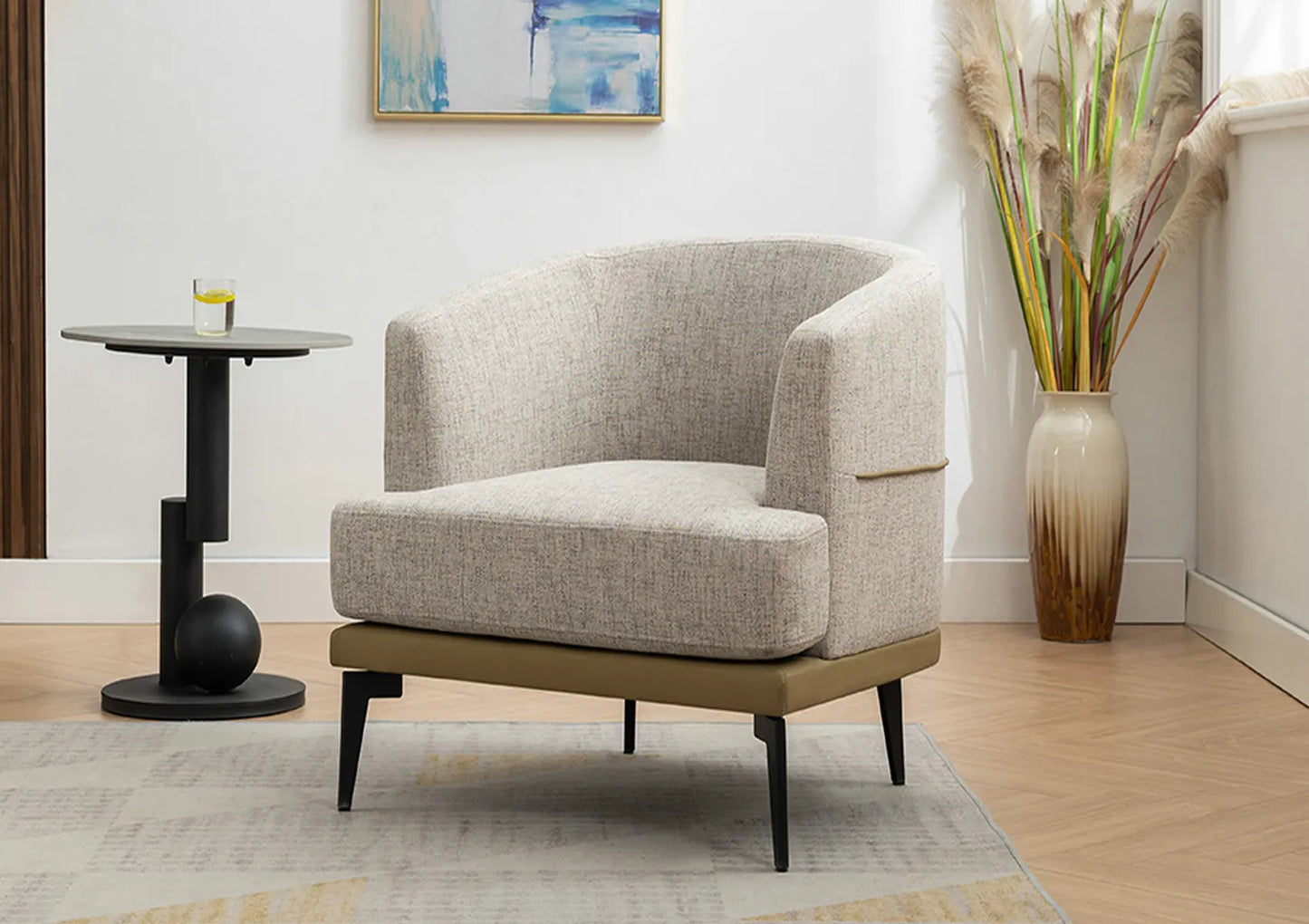 Two Tone Barrel Chair Mustard Green Linen and PU Leather