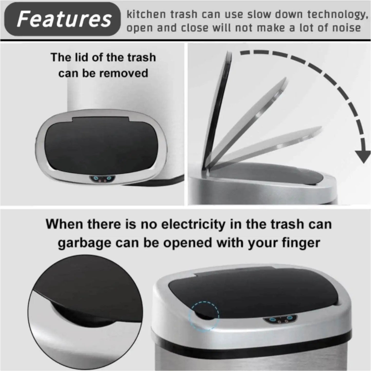 Kitchen Trash Can with Lid 13 Gallon Automatic Stainless Steel Garbage Can with Touch Free Motion Sensor