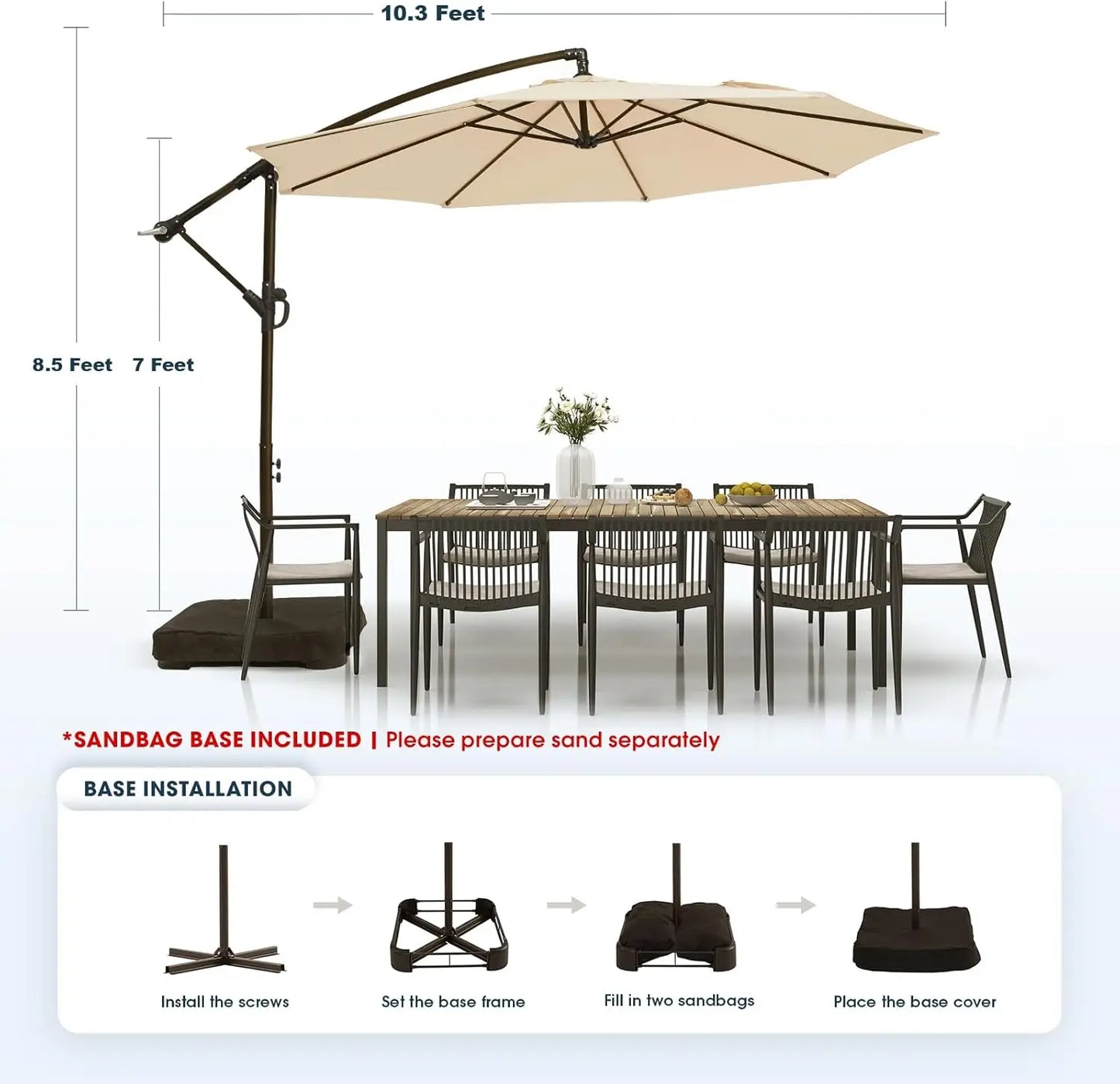 10ft Outdoor Offset Cantilever Umbrella with Sandbag Base Easy Tilt Crank Beige