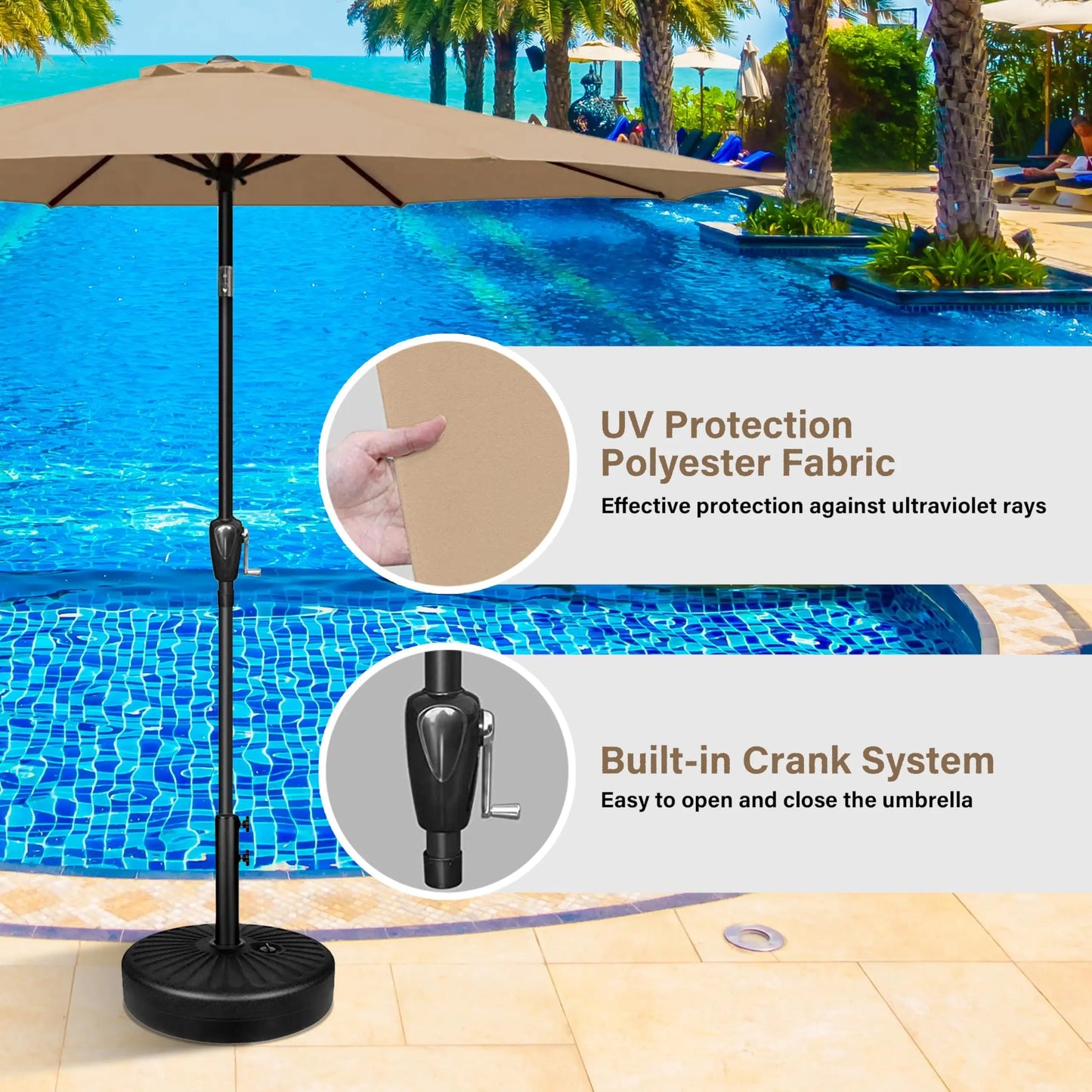 9 Ft Outdoor Patio Umbrella Market Table Umbrella With 8 Sturdy Ribs Push Button Tilt And Crank Waterproof UV Resistant Polyester For Garden Yard Pool