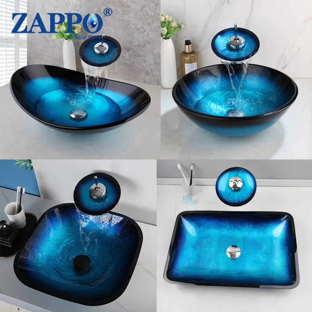 ZAPPO Tempered Glass Vessel Sink With Waterfall Faucet Blue