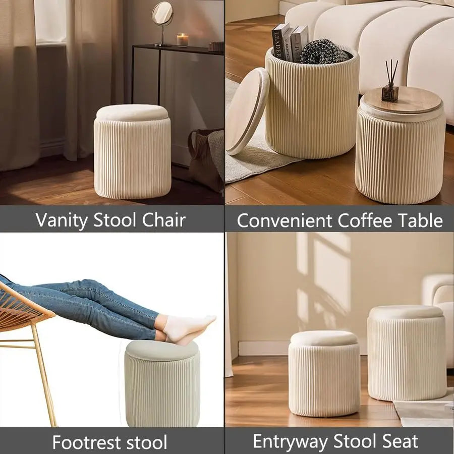 Set Of 2 Velvet Upholstered Storage Ottomans Vanity Stool Padded Seat For Makeup