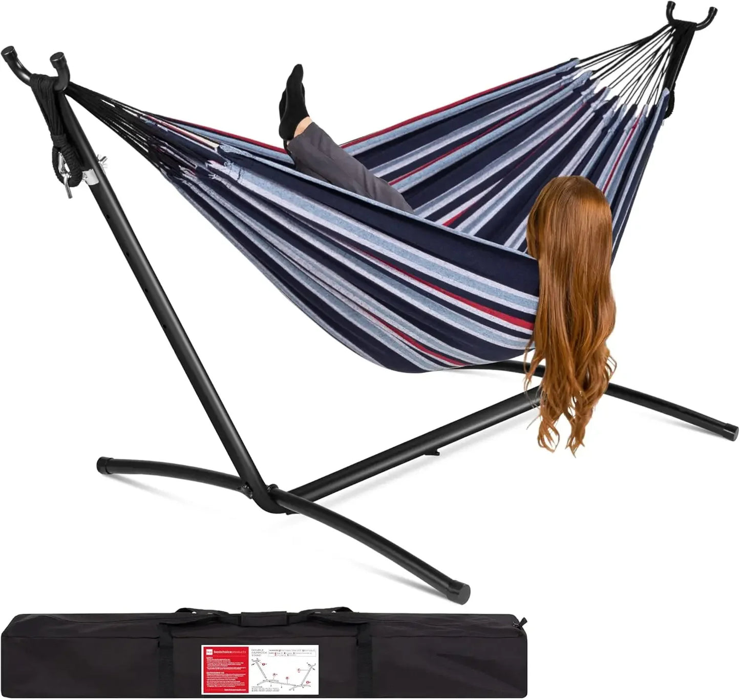 Double Brazilian Style Cotton Hammock With Steel Stand For Indoor Outdoor With Carrying Bag