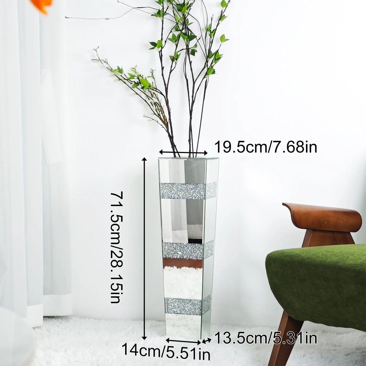 Tall Floor Mirror Vase Large Crushed Diamond Glass Vase for Home Decor Modern Crystal Centerpiece for Living Room Wedding Hotel