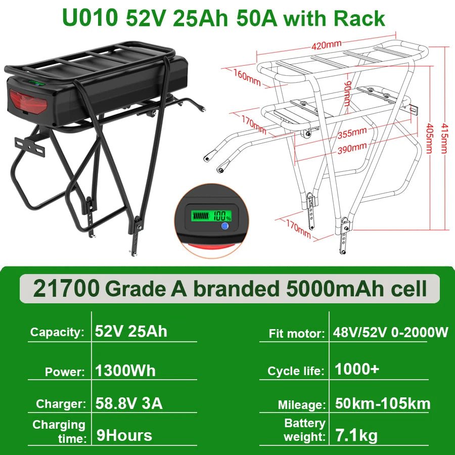 Rear Rack EBike Battery 52V 48V 27Ah 24 28 Inch Optional