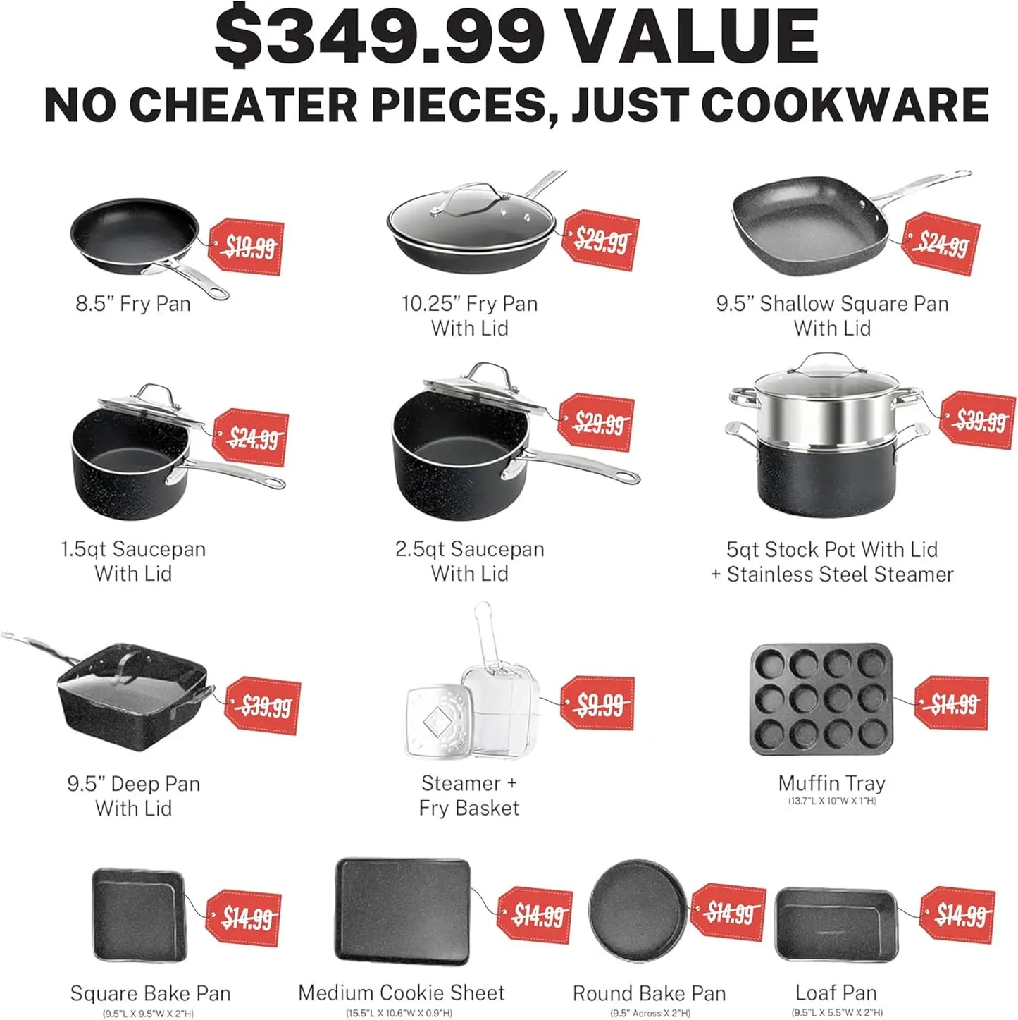 True 20 Piece Pots and Pans Set Non Stick Cookware with Deep Square Pan and Bakeware Non Toxic PFOA PFOS Free Oven Safe Blue Diamond