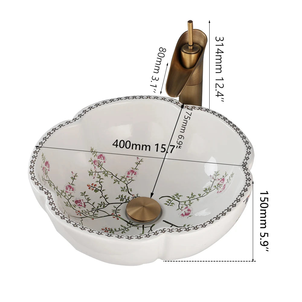 Jieni Art Ceramic Basin Set Blossoms Spring Brass Tap