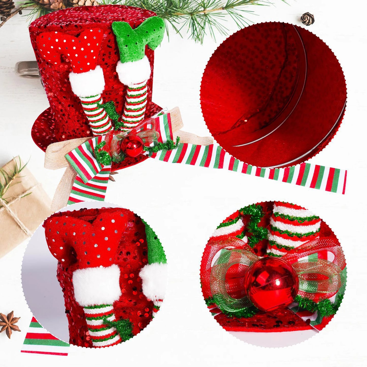 Santa Hat Tree Topper With Glittery Reindeer Antlers Bells